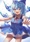  1girl :d bangs blue_bow blue_dress blue_eyes blue_hair blush bow cirno cowboy_shot dress eyebrows_visible_through_hair hair_between_eyes hair_bow highres ice ice_wings looking_at_viewer neck_ribbon open_mouth puffy_short_sleeves puffy_sleeves red_ribbon ribbon shirt short_hair short_sleeves smile solo touhou white_background white_shirt wings yoru_usagi 