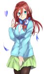  bad_id bad_pixiv_id blue_eyes brown_hair cardigan dress_shirt eyebrows_visible_through_hair go-toubun_no_hanayome hand_in_own_hair headphones headphones_around_neck heart highres long_hair miniskirt nakano_miku oilen0731 pantyhose shirt skirt white_background 