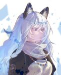  1girl animal_ear_fluff animal_ears arknights bangs black_capelet braid capelet closed_mouth dress eyebrows_visible_through_hair hair_between_eyes highres jewelry kanalia leopard_ears long_hair necklace pramanix_(arknights) silver_hair simple_background smile solo turtleneck_dress twin_braids upper_body violet_eyes white_background white_dress 