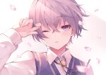  1boy amulet blush cherry_blossoms collared_shirt frown long_sleeves male_focus memo_haco mole mole_under_eye one_eye_closed original petals purple_hair shirt short_hair solo vest violet_eyes white_background 