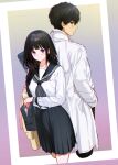  1boy 1girl bangs black_hair black_sailor_collar black_skirt blunt_bangs chitanda_eru coat couple cowboy_shot cropped_legs green_eyes grey_neckerchief hands_in_pockets hetero highres hyouka kamiyama_high_school_uniform long_hair looking_at_viewer mery_(yangmalgage) neckerchief oreki_houtarou sailor_collar school_uniform serafuku short_hair skirt standing violet_eyes white_coat 