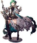  1girl armor breasts cape clothing_cutout final_fantasy final_fantasy_brave_exvius frilled_sleeves frills gauntlets greatsword greaves green_eyes green_hair hand_on_hip huge_weapon juame_(war_of_the_visions:_final_fantasy_brave_exvius) looking_at_viewer medium_breasts navel navel_cutout serious short_hair sword thigh_strap war_of_the_visions:_final_fantasy_brave_exvius weapon 