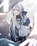  1boy aurorus blue_eyes blurry day feathered_wings feathers grey_hair hair_between_eyes hand_up highres light long_hair long_sleeves male_focus moe_(hamhamham) personification pokemon sitting solo white_wings wings 