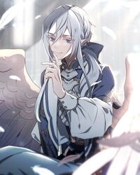  1boy aurorus blue_eyes blurry day feathered_wings feathers grey_hair hair_between_eyes hand_up highres light long_hair long_sleeves male_focus moe_(hamhamham) personification pokemon sitting solo white_wings wings 