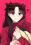  1girl black_bow blue_eyes blush bouquet bow brown_hair closed_mouth fate/stay_night fate_(series) flower hair_bow hair_intakes hakushuu_(zhka7235) holding holding_bouquet long_hair long_sleeves looking_at_viewer red_background red_flower red_rose red_sweater rose shiny shiny_hair sketch smile solo sweater tohsaka_rin upper_body 