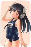  1girl black_hair blue_swimsuit cowboy_shot dated flat_chest grey_eyes headgear i-400_(kancolle) kantai_collection long_hair name_tag one-hour_drawing_challenge one-piece_tan ray.s school_swimsuit solo swimsuit tan tanlines 