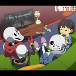  3boys bloodborne chips couch eating flower flowey_(undertale) food frisk_(undertale) game_console highres kamezaemon looking_at_viewer looking_back multiple_boys one_eye_closed papyrus_(undertale) playstation_4 playstation_controller potato_chips sans sitting smile television undertale video_game 
