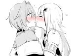  2girls ange_katrina blush closed_eyes facing_another flying_sweatdrops from_side greyscale hair_intakes hair_ornament kiss lize_helesta long_hair looking_at_another matsuzaka_(matsuzakagyu_29) monochrome multicolored_hair multiple_girls nijisanji profile short_hair spot_color sweat two-tone_hair upper_body virtual_youtuber white_background yuri 