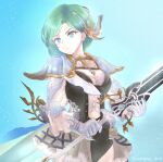  1girl armor artist_request breasts cape choker clothing_cutout eyebrows_visible_through_hair final_fantasy final_fantasy_brave_exvius frilled_choker frilled_sleeves frills gauntlets greatsword green_eyes green_hair hair_ornament highres huge_weapon juame_(war_of_the_visions:_final_fantasy_brave_exvius) looking_at_viewer medium_breasts navel navel_cutout serious short_hair sword thigh_strap war_of_the_visions:_final_fantasy_brave_exvius weapon 