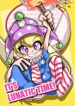  1girl american_flag_dress american_flag_legwear arm_up blonde_hair blush_stickers chibi clownpiece commentary_request diagonal_stripes english_text eyebrows_visible_through_hair fairy_wings fire full_body hair_between_eyes hand_on_own_knee hat highres holding holding_torch jester_cap long_hair looking_at_viewer maboroshi_mochi neck_ruff no_shoes pantyhose purple_headwear solo striped striped_background teeth torch touhou very_long_hair violet_eyes wings yellow_background 