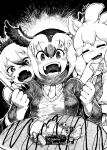  +_+ 3girls aardwolf_(kemono_friends) aardwolf_ears animal_ears atlantic_puffin_(kemono_friends) bangs bare_shoulders behind_back bird_wings clouds drooling elbow_gloves eyebrows_visible_through_hair fang fangs finger_to_mouth food fork fur_collar furrowed_brow gloves greyscale hair_between_eyes hand_on_another&#039;s_shoulder hand_up hands_up handsdsds happy head_wings highres holding holding_fork holding_knife jacket kemono_friends knife lion_ears long_hair long_sleeves monochrome multicolored_hair multiple_girls necktie open_mouth scarf shirt skin_fangs sleeveless sleeveless_shirt sweater_vest upper_body white_lion_(kemono_friends) wings 