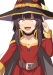  1girl bangs belt belt_buckle black_cape black_choker black_headwear blunt_bangs brown_hair buckle cape choker collarbone dress eyebrows_visible_through_hair hat kono_subarashii_sekai_ni_shukufuku_wo! long_sleeves looking_at_viewer megumin nervous_smile open_mouth red_dress red_eyes short_hair_with_long_locks sidelocks simple_background smile solo umarutsufuri upper_body white_background witch_hat 