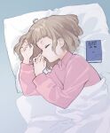  1girl blanket book closed_eyes commentary_request highres kaede_(shijie_heping) light_brown_hair lying on_side original pajamas parted_lips pillow pink_shirt profile shirt short_eyebrows short_hair simple_background sleeping solo upper_body 