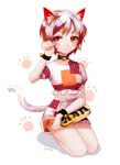  1girl absurdres animal_ears bell bracelet cat_ears cat_tail choker collar goutokuji_mike highres jewelry looking_at_viewer multicolored_hair paw_pose shianebulae short_hair short_sleeves smile solo tail touhou white_hair wristband 