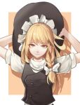  1girl black_headwear black_vest blonde_hair bow braid buttons closed_mouth commentary_request hair_bow hat highres holding holding_clothes holding_hat kirisame_marisa lips long_hair looking_at_viewer shirt short_sleeves single_braid smile solo touhou upper_body vest white_bow white_shirt wudiyishileiyu yellow_eyes 