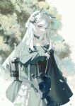 1girl animal_ear_fluff animal_ears arknights ayan bag bangs black_dress closed_mouth collarbone cowboy_shot dress expressionless flower frilled_dress frills gas_mask hair_flower hair_ornament hairband heavyrain_(arknights) heavyrain_(tranquil_moss)_(arknights) highres horse_ears layered_dress leaf long_hair long_sleeves looking_at_viewer mask mask_removed official_alternate_costume rose see-through shoulder_bag silver_hair solo striped striped_hairband tree very_long_hair violet_eyes white_flower white_rose 
