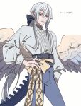  1boy aurorus black_bow blue_eyes bow feathered_wings grey_hair hair_bow hand_on_hip highres long_sleeves looking_at_viewer male_focus moe_(hamhamham) personification pointy_ears pokemon puffy_long_sleeves puffy_sleeves simple_background standing tail white_background wings 