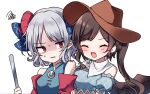  2girls bangs bare_shoulders blue_bow blue_dress blush bow breasts brown_hair brown_headwear closed_eyes closed_mouth commentary_request cowboy_hat detached_sleeves dress earrings eyebrows_visible_through_hair grey_hair hand_up hat highres horns jewelry kurokoma_saki long_hair long_sleeves looking_at_another medium_breasts moshihimechan multicolored_clothes multicolored_dress multiple_girls off-shoulder_dress off_shoulder open_mouth pink_dress plaid plaid_dress pointy_ears ponytail puffy_short_sleeves puffy_sleeves red_eyes scarf shaded_face sharp_teeth short_hair short_sleeves simple_background smile spoon sweatdrop teeth touhou toutetsu_yuuma upper_body v-shaped_eyebrows weapon white_background white_scarf wide_sleeves wings 