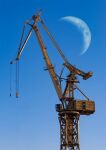  blue_sky commentary crane_(machine) crescent_moon hoshiumisora machinery moon no_humans original outdoors photoshop_(medium) scenery sky 