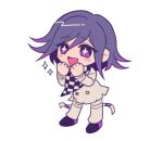  1boy :d bangs blush_stickers buttons checkered_clothes checkered_scarf chibi clenched_hands commentary_request danganronpa_(series) danganronpa_v3:_killing_harmony eyebrows_visible_through_hair grey_jacket grey_pants hair_between_eyes hands_up jacket long_sleeves medium_hair open_mouth ouma_kokichi pants pink_hair sasakama_(sasagaki01) scarf shoes smile sparkle sparkling_eyes 