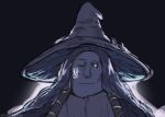  1girl black_background blue_eyes blue_hair blue_skin close-up closed_mouth colored_sclera colored_skin elden_ring face hat light_smile long_hair looking_at_viewer meme one_eye_closed ranni_the_witch shroomjak simple_background solo tyrone upper_body witch_hat 