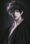  11857864 1boy bangs black_hair eyebrows eyelashes fushiguro_megumi green_eyes hair_between_eyes highres japanese_clothes jujutsu_kaisen kimono lips long_sleeves male_focus realistic short_hair solo spiky_hair upper_body 