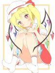  1girl blonde_hair blush bright_pupils convenient_leg flandre_scarlet hands_on_own_knees hat hat_ribbon head_tilt highres knees_together_feet_apart looking_at_viewer mob_cap puffy_sleeves red_eyes ribbon short_sleeves sitting skirt smile socks solo touhou ukigori white_legwear white_pupils wings 