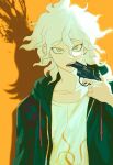  1boy bangs bong_(0u0bon) breast_pocket collarbone danganronpa_(series) danganronpa_2:_goodbye_despair eyebrows_visible_through_hair green_jacket gun gun_in_mouth hair_between_eyes handgun highres holding holding_gun holding_weapon hood hood_down jacket komaeda_nagito looking_at_viewer male_focus open_clothes open_jacket orange_background pistol pocket print_shirt shirt solo upper_body weapon white_shirt yellow_eyes 