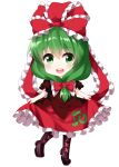  1girl bangs blush bow brown_footwear commentary_request cross-laced_footwear dress frilled_dress frilled_ribbon frilled_sleeves frills front_ponytail full_body green_eyes green_hair hair_bow hair_ribbon highres kagiyama_hina long_hair open_mouth puffy_short_sleeves puffy_sleeves red_dress red_ribbon ribbon ruu_(tksymkw) short_sleeves simple_background skirt_hold teeth tiptoes touhou upper_teeth white_background 