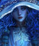  1girl blue_eyes blue_hair blue_skin cloak colored_skin cracked_skin curly_hair dress elden_ring hat highres large_hat looking_at_viewer nixeu ranni_the_witch witch witch_hat 