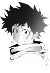  1boy artist_name battle_damage boku_no_hero_academia greyscale highres looking_at_viewer male_focus messy_hair midoriya_izuku monochrome parted_lips re30103 solo tearing_up torn_clothes upper_body white_background 