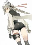  1girl arknights ass asymmetrical_gloves bangs black_cape black_gloves black_legwear black_shorts bright_pupils cape closed_mouth eyebrows_visible_through_hair fartooth_(arknights) feather_hair feet_out_of_frame from_behind gloves grey_gloves high-waist_shorts highres long_sleeves looking_at_viewer looking_back matsuoka_(mtok_0) mismatched_gloves puffy_long_sleeves puffy_sleeves shorts solo standing thigh_strap thighs visor_cap yellow_eyes 