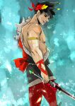  1boy black_hair black_sclera colored_sclera green_eyes hades_(game) heterochromia highres ing0123 laurel_crown looking_back male_focus mismatched_sclera open_mouth red_eyes single_bare_shoulder skull smile sword weapon zagreus_(hades) 