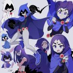  1girl absurdres black_leotard breasts cape colored_skin dc_comics english_commentary forehead_jewel full_body grey_skin highres hood leotard looking_at_viewer open_mouth purple_hair raven_(dc) short_hair teen_titans urucra 