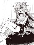  1girl :3 :d ahoge an_fyhx arknights bangs bare_legs blush commentary_request crossed_arms crossed_legs feather_hair_ornament feathers feet_out_of_frame greyscale hair_between_eyes hair_ornament highres kafka_(arknights) long_hair looking_at_viewer monochrome open_mouth sitting smile socks solo thigh_strap very_long_hair 