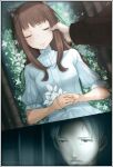  1boy 1girl animal_ears brown_hair craft_lawrence flower funeral grey_eyes grey_hair highres holding holding_flower holo long_hair m.k.ray smile spice_and_wolf spoilers wolf_ears wolf_girl 