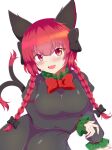  1girl :d animal_ears bangs black_bow black_dress blush bow braid breasts cat_ears cat_tail dress eyebrows_visible_through_hair hair_bow highres juliet_sleeves kaenbyou_rin large_breasts long_hair long_sleeves looking_at_viewer multiple_tails nekomata open_mouth puffy_sleeves red_eyes redhead seo_haruto simple_background smile solo tail touhou twin_braids white_background 