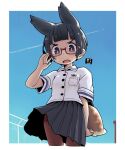  1girl animal_ears bangs black_eyes black_hair black_skirt blue_sky brown_legwear fox_ears fox_girl fox_tail glasses kukuri_(mawaru) mawaru_(mawaru) open_mouth original outdoors pantyhose polo_shirt shirt short_hair short_sleeves skirt sky solo tail white_shirt 