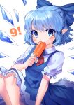  1girl :&lt; blue_bow blue_dress blue_eyes blue_hair blush bow cirno dress eating eyebrows_visible_through_hair food food_in_mouth hair_bow highres ice ice_wings looking_at_viewer pointy_ears popsicle popsicle_in_mouth puffy_short_sleeves puffy_sleeves shianebulae short_hair short_sleeves sitting solo touhou white_background wings 