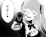  1girl ^_^ absurdres aiming_at_viewer blood blood_on_clothes blood_on_face blood_on_hands blush bolo_tie closed_eyes commentary_request frills gun hair_tie heart highres long_hair maid maid_headdress monochrome open_mouth original sh_(sh1030f) smile solo spoken_heart teeth translated twintails upper_body upper_teeth weapon 