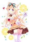  1girl :d animal_ears bitter_crown blonde_hair blush cat_ears cat_girl cat_tail dress food frills fruit hair_ribbon heart highres holding holding_food holding_fruit lemon_print long_hair open_mouth original ribbon smile solo tail tail_ornament tail_ribbon thigh-highs violet_eyes yellow_dress 