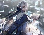  1boy aurorus blue_bow blue_eyes blurry blurry_background book bow day feathered_wings grey_hair hair_between_eyes holding holding_book long_hair moe_(hamhamham) outdoors personification pointy_ears pokemon school_uniform serafuku solo white_wings wings 