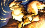  arcanine bright_pupils closed_mouth commentary_request fangs fangs_out fire fluffy night no_humans oden_(odenzzi) outdoors pokemon pokemon_(creature) sky solo star_(sky) 