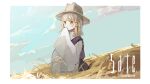  1girl artist_name blonde_hair border brown_headwear commentary_request day hand_up hat long_sleeves medium_hair moriya_suwako outdoors purple_skirt purple_vest sate_usazirou shirt skirt sleeves_past_fingers sleeves_past_wrists solo touhou upper_body vest white_border white_shirt yellow_eyes 