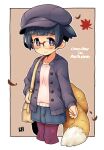  1girl animal_ears autumn bag bangs beret black_eyes black_hair black_headwear blue_skirt border brown_background closed_mouth fox_ears fox_girl fox_tail glasses hat jacket kukuri_(mawaru) mawaru_(mawaru) open_clothes open_jacket original pink_shirt purple_headwear purple_jacket purple_legwear shirt short_hair shoulder_bag simple_background skirt smile solo tail thigh-highs white_border 