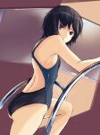  1girl amagami back bangs bare_shoulders black_hair breasts brown_eyes commentary competition_swimsuit hair_strand irodori-classical looking_at_viewer nanasaki_ai one-piece_swimsuit railing short_hair small_breasts solo swimsuit wet wet_clothes wet_hair wet_swimsuit 