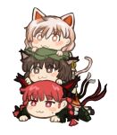  3girls :3 animal_ears animal_hands black_bow blush bow braid brown_eyes brown_hair cat_ears cat_paws cat_tail chen earrings goutokuji_mike haojbleng jewelry kaenbyou_rin lying_on_person multicolored_hair multiple_girls multiple_tails red_eyes redhead short_hair single_earring stack sweatdrop tail touhou twin_braids two_tails white_hair 