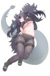  1girl absurdres animal_ears aqua_eyes bangs bare_shoulders big_hair black_hair black_legwear black_shorts blush breasts buttons cerberus_(kemono_friends) collar covered_nipples crotch_seam cutoffs dog_ears elbow_gloves eyebrows_visible_through_hair fingerless_gloves full_body gloves glowing glowing_hair hair_between_eyes half-closed_eyes hand_up highres kemono_friends large_breasts legwear_under_shorts long_tail looking_at_viewer mapuri4649 multicolored_hair navel pantyhose parted_lips scar scar_across_eye scar_on_face shiny shiny_clothes shoes short_shorts shorts simple_background skindentation slit_pupils solo spiked_collar spikes stomach strapless tail thigh_gap thigh_strap tube_top two_side_up unbuttoned under_boob white_background 