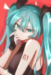  1girl absurdres arm_tattoo bangs bare_arms black_shirt blue_hair bridal_gauntlets character_name closed_mouth green_eyes hair_between_eyes hatsune_miku highres jewelry kusunoki_r long_hair looking_at_viewer red_background ring shiny shiny_hair shirt sleeveless sleeveless_shirt solo tattoo twintails twitter_username upper_body very_long_hair vocaloid 