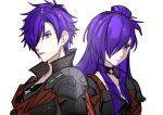  1boy 1girl absurdres armor artist_request blue_eyes breasts cape dual_persona fire_emblem fire_emblem:_three_houses fire_emblem_warriors fire_emblem_warriors:_three_hopes hair_bun hair_over_one_eye highres large_breasts long_hair long_sleeves medium_hair purple_hair shez_(fire_emblem) shez_(fire_emblem)_(female) shez_(fire_emblem)_(male) short_hair violet_eyes 